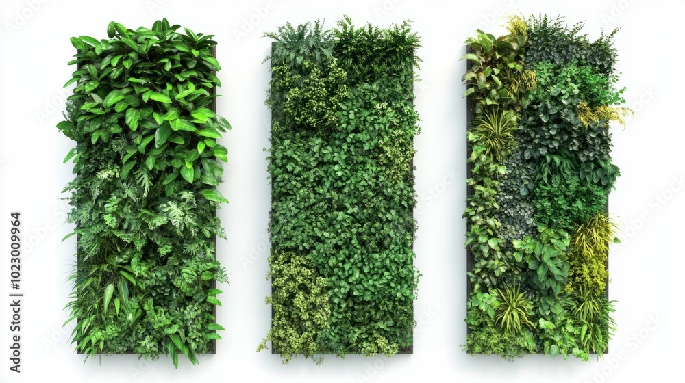 Naklejka premium Three garden walls filled with greenery isolated on plain white backdrop