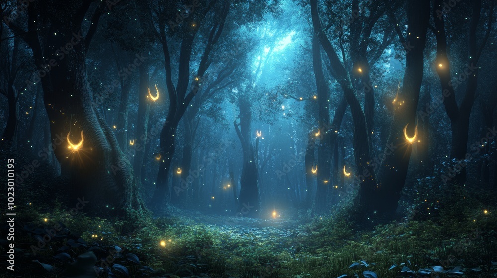 Concept art of an enchanted forest glowing with mysterious lights and magical creatures. Concept art of an enchanted forest glowing with mysterious lights and magical creatures.