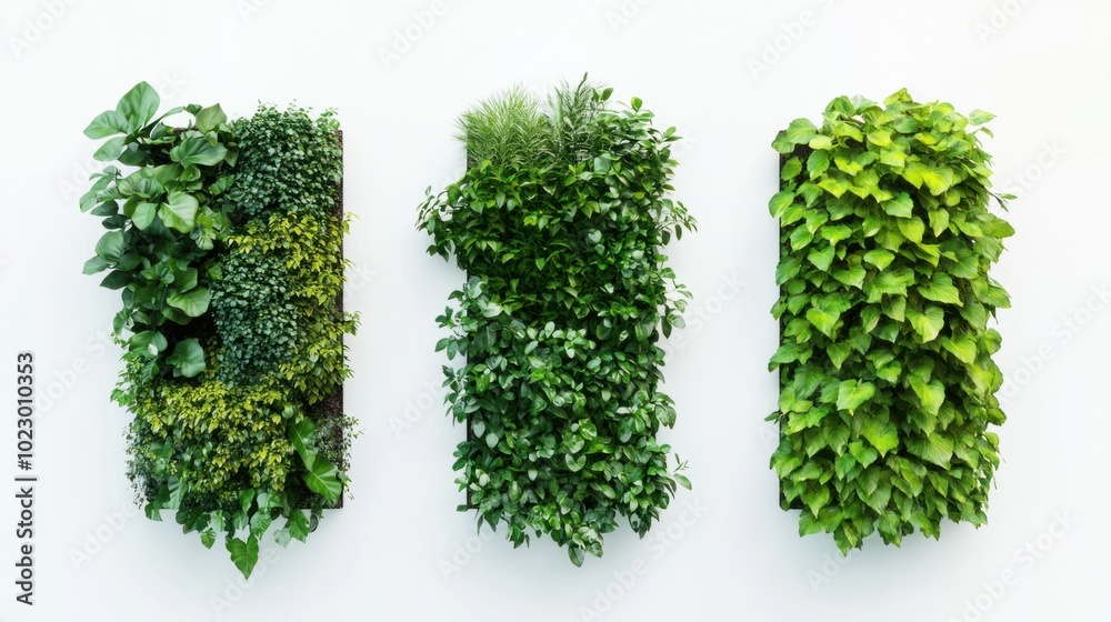 Three garden walls with diverse greenery arranged on a pure white background Three garden walls with diverse greenery arranged on a pure white background