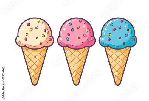 Colorful gelato ice creams in waffle cone isolated on transparent background. Illustration. Template. Cut out
