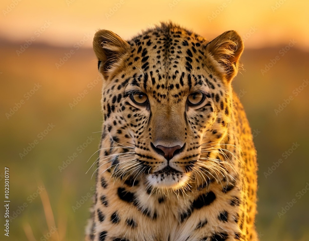 Fototapeta premium Intense Leopard Portrait with Piercing Gaze in Golden Sunset Light