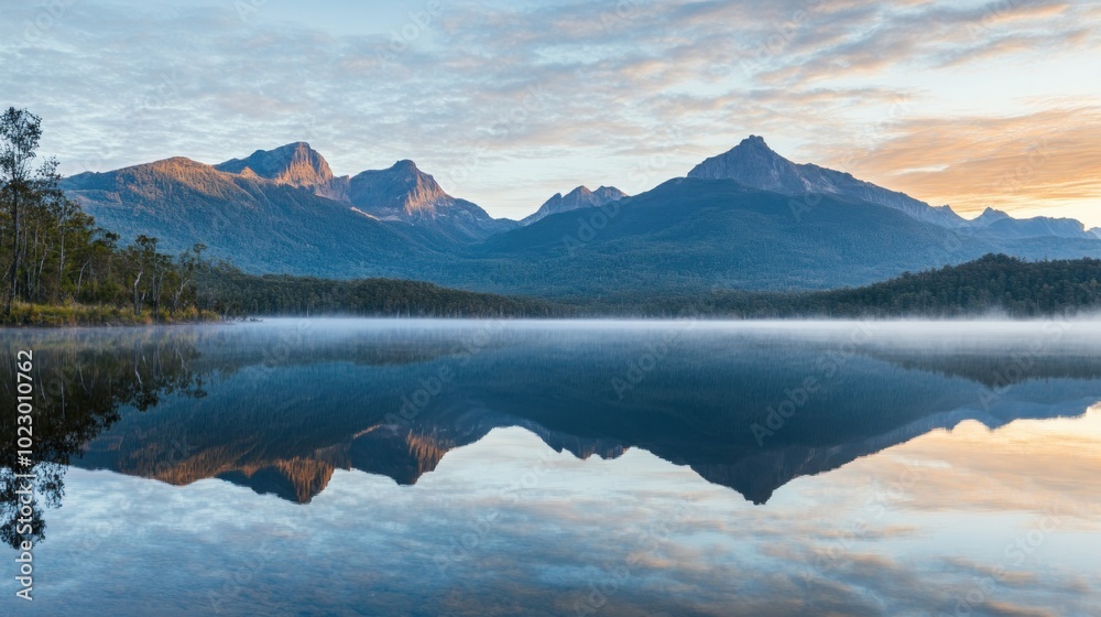 Naklejka premium Mountain Range Reflected in Still Lake at Dawn