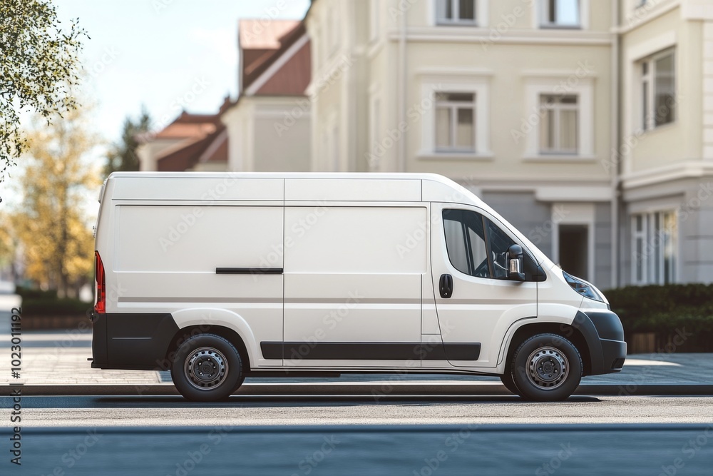 minimalist white cargo van mockup, side view, on the street minimalist white cargo van mockup, side view, on the street