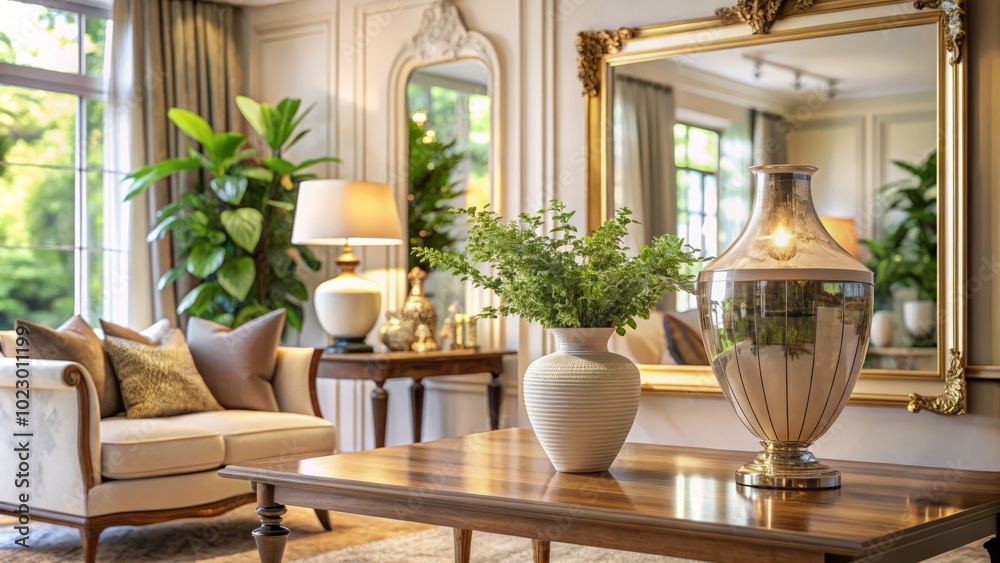 Fototapeta premium In a modern living room, an ancient vase enhances the decor, paired with a chic mirror and a white chair for a sophisticated villa feel.