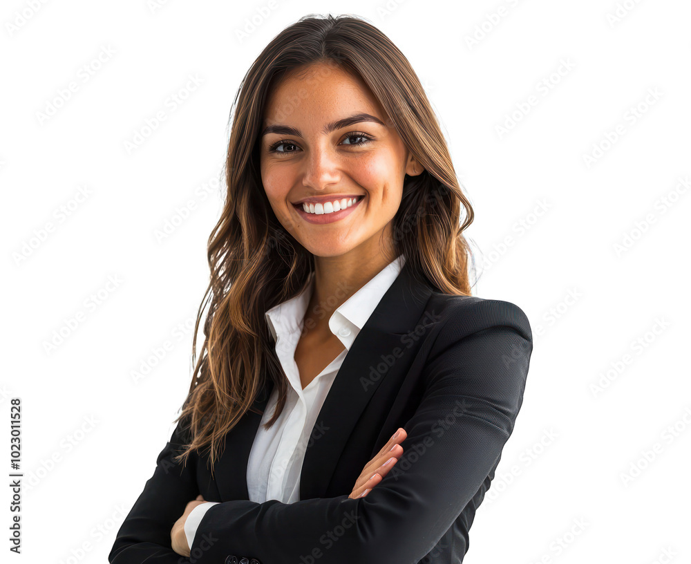 Smiling businesswoman in a confident pose with arms crossed, clear background. Smiling businesswoman in a confident pose with arms crossed, clear background.