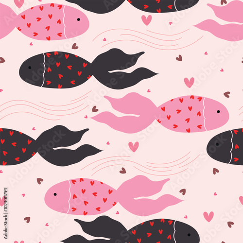 Seamless pattern with cute dark and pink fishes with hearts. Vector illustration for Valentine's Day.