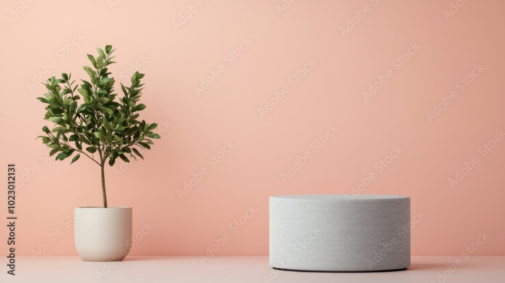 A minimalist interior featuring a modern planter and a sleek speaker against a soft pink wall, showcasing contemporary design A minimalist interior featuring a modern planter and a sleek speaker against a soft pink wall, showcasing contemporary design