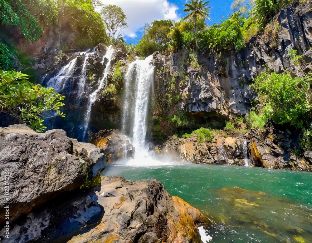 Waterfall Cascading Over Jagged Volcanic Rocks, Surrounded by Tropical Trees and Lush Greenery, Captured Under a Bright Sun for a Scenic Nature Landscape Scene Waterfall Cascading Over Jagged Volcanic Rocks, Surrounded by Tropical Trees and Lush Greenery, Captured Under a Bright Sun for a Scenic Nature Landscape Scene