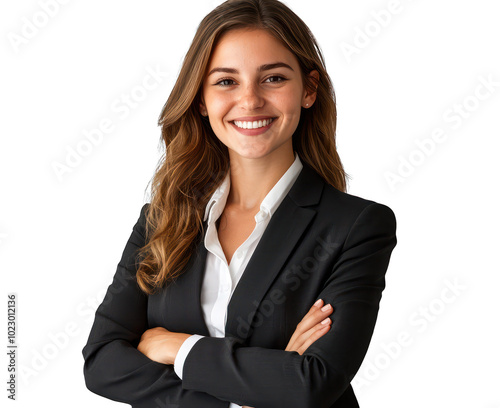 Positive businesswoman with arms crossed, displaying confidence, transparent background.