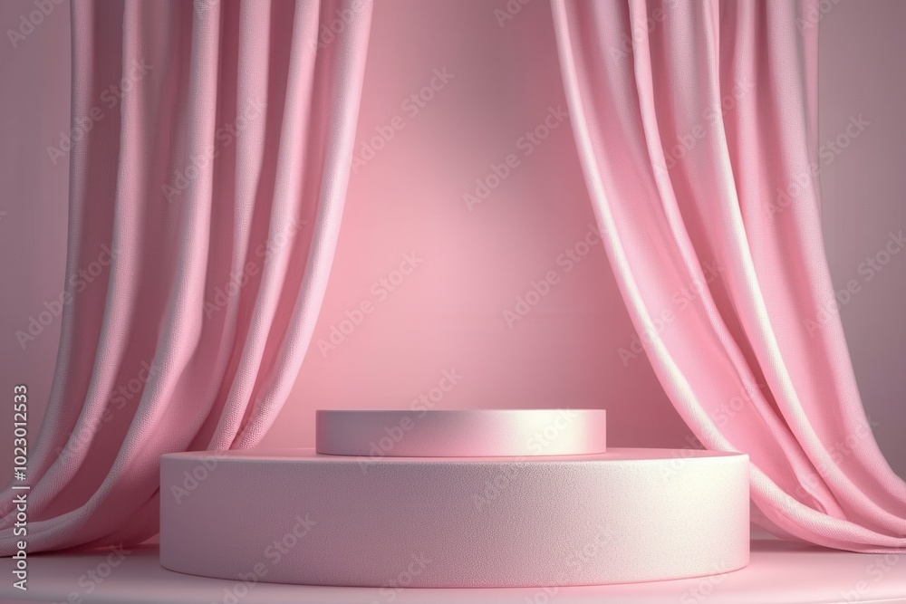A soft pink display featuring elegant curtains and round pedestals, perfect for showcasing products or hosting events A soft pink display featuring elegant curtains and round pedestals, perfect for showcasing products or hosting events