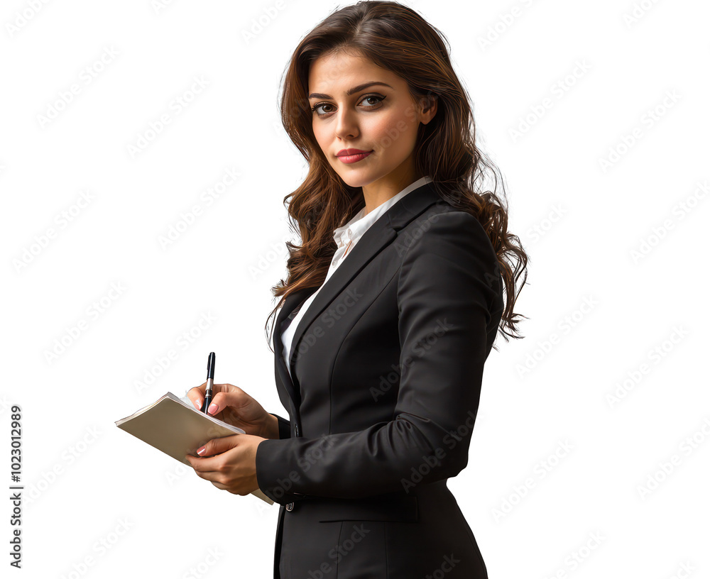 Standing businesswoman taking notes, displayed on a clear background. Standing businesswoman taking notes, displayed on a clear background.