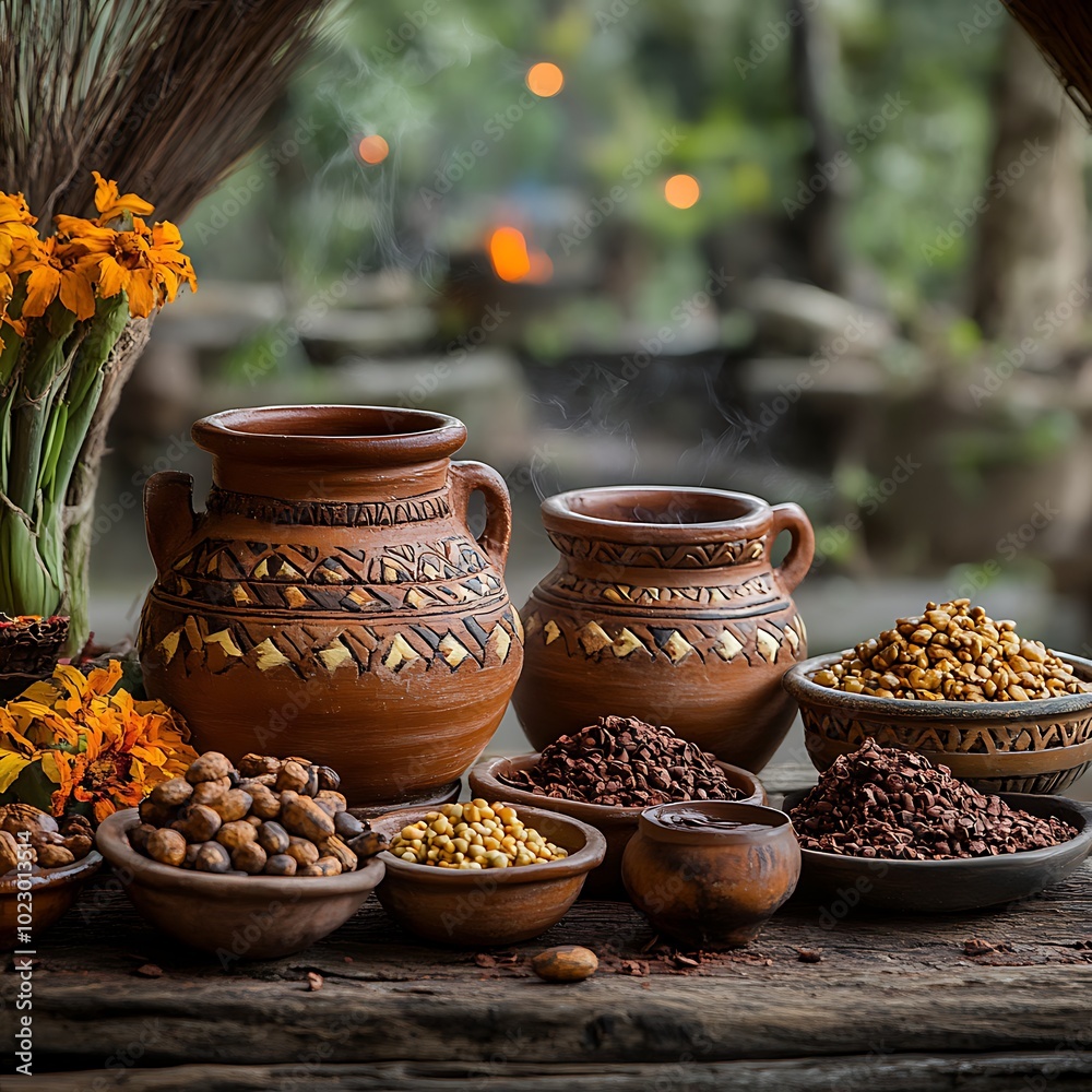 Steaming Clay Pots with Cocoa Beans, Cacao Nibs, and Other Ingredients on a Rustic Wooden Table. Steaming Clay Pots with Cocoa Beans, Cacao Nibs, and Other Ingredients on a Rustic Wooden Table.
