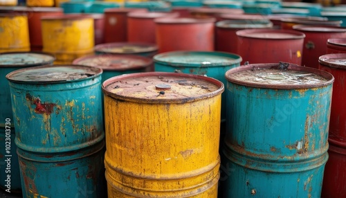 Barrels in various colors stand in rows, representing chemical waste management practices