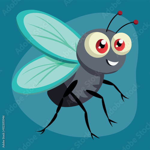 Fly cartoon isolated. Cute and funny fly insect vector illustration cartoon. Housefly insect and cartoon black fly insect flat style. Funny little cartoon fly insect with big googly eyes.