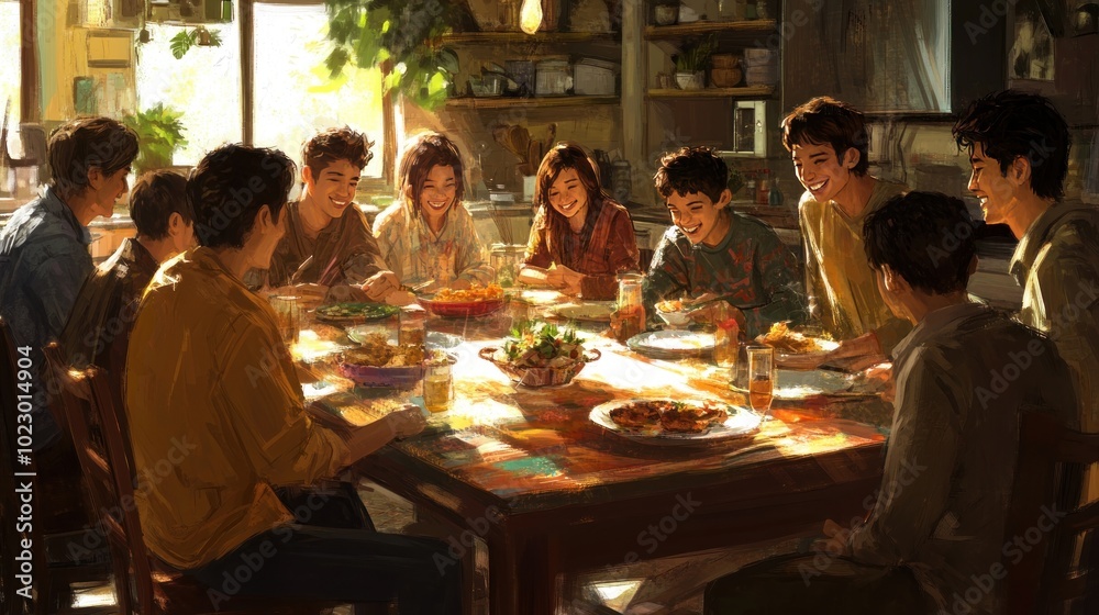 A joyful gathering around a dinner table filled with food and drinks, celebrating togetherness. A joyful gathering around a dinner table filled with food and drinks, celebrating togetherness.