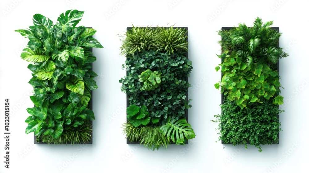 Obraz premium Three unique green garden walls with lush plants isolated on clean white backdrop