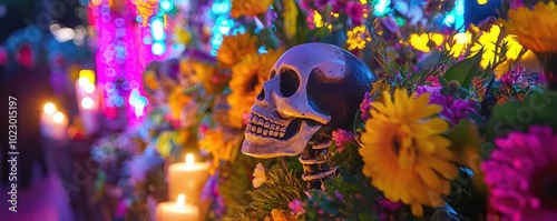 Colorful skull adorned with marigolds, representing the vibrant celebration of Day of the Dead in Mexico, illuminated with candles. photo