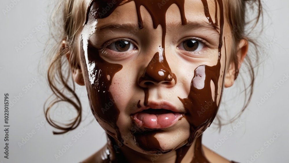 Diptych of young girl?s chocolate-smeared face from different angles Diptych of young girl?s chocolate-smeared face from different angles