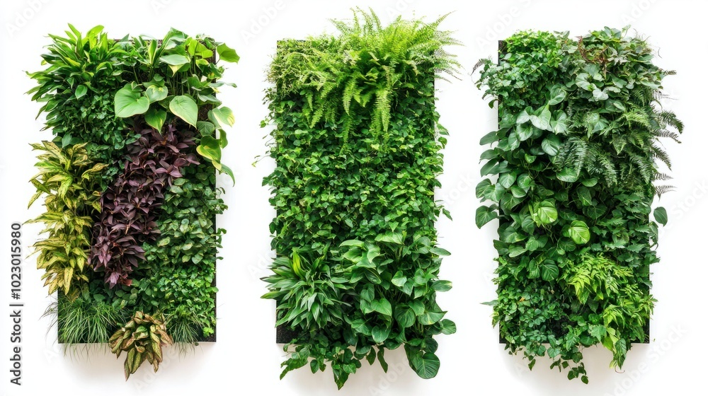 Obraz premium Three vertical garden walls filled with greenery isolated on white