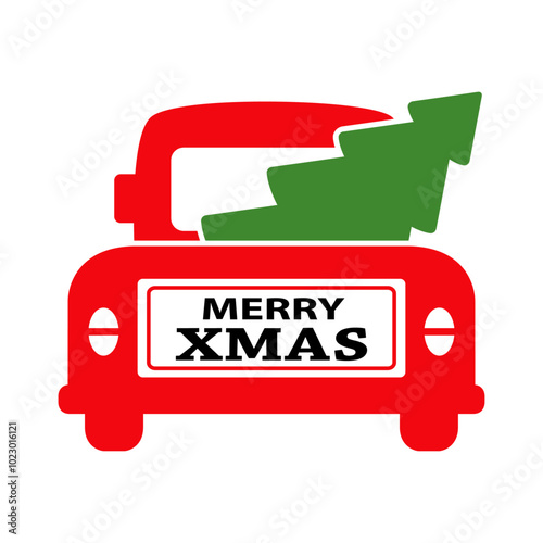 Logo con texto Merry Xmas en la vista posterior del maletero de una furgoneta vintage que acarrea un árbol de navidad