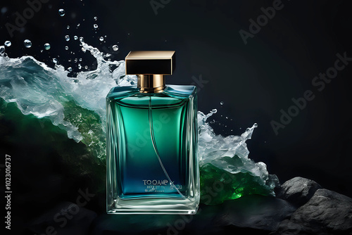  Luxury perfume bottle on the background of the sea surf. Concept of energy and freshness - generative AI photo