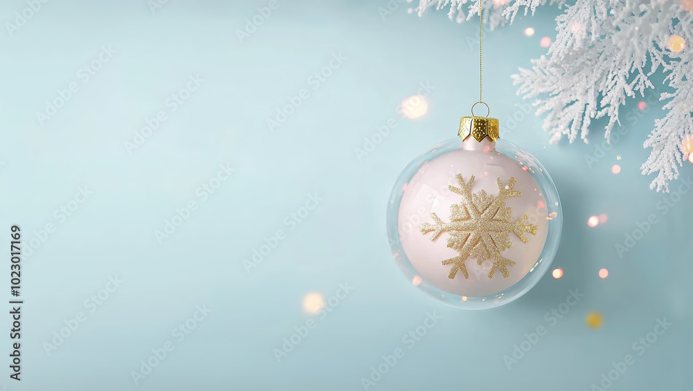 Christmas gretting card background with snow globe containing golden snowflake and falling snow against a blue background and bokeh Christmas gretting card background with snow globe containing golden snowflake and falling snow against a blue background and bokeh