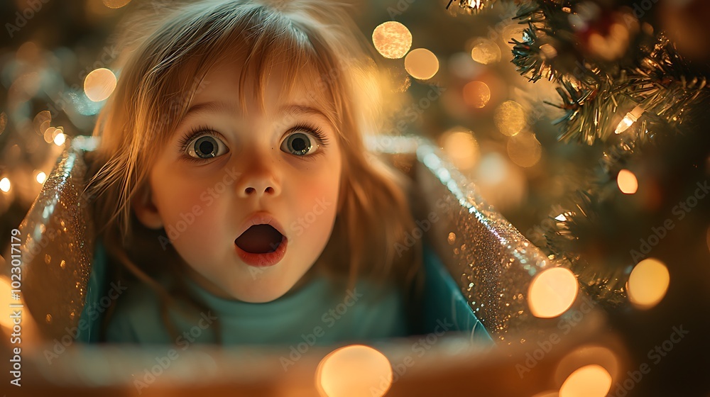 Inside a gift box POV, child’s eyes wide with surprise, mouth forming an “O” of amazement, face illuminated by soft golden holiday lighting, Christmas tree and decorations blurred in the background, Inside a gift box POV, child’s eyes wide with surprise, mouth forming an “O” of amazement, face illuminated by soft golden holiday lighting, Christmas tree and decorations blurred in the background,