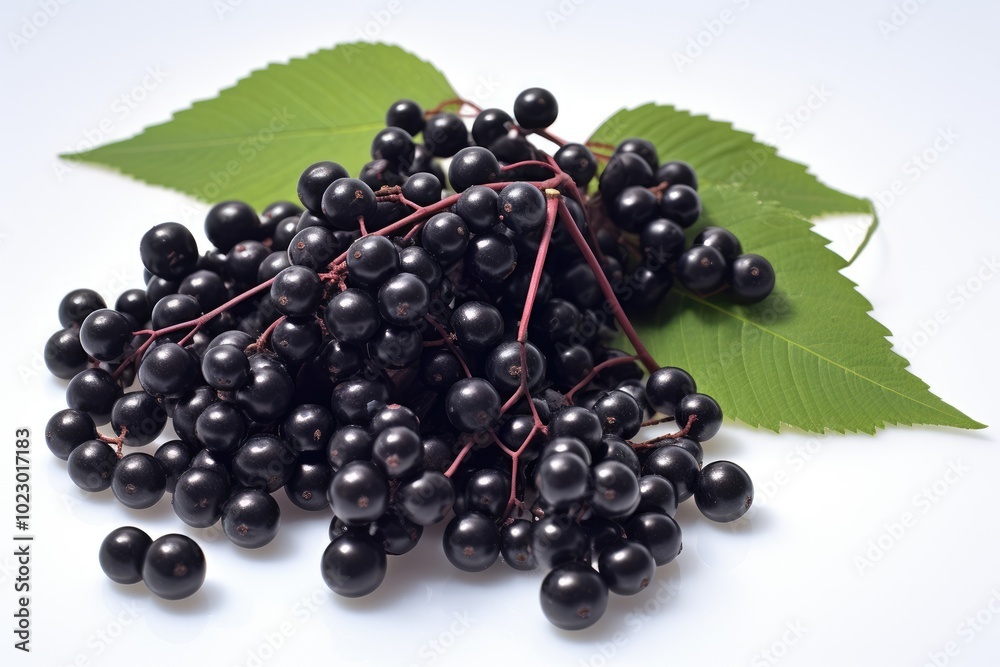 Fresh Elderberries with Green Leaves on White Background Fresh Elderberries with Green Leaves on White Background