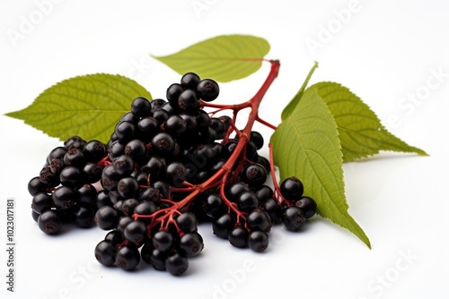 Fresh Elderberries on White Background with Green Leaves