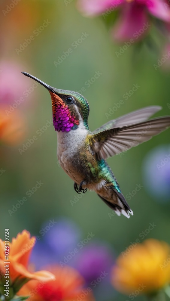 Fototapeta premium Hummingbird hovering over colorful flowers with blurred motion effect