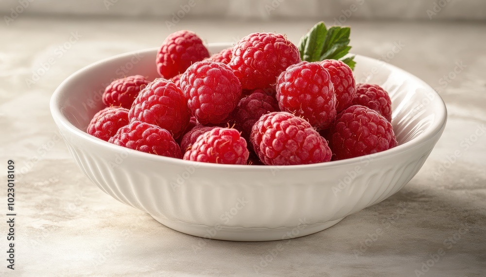 Fresh raspberries displayed in a white bowl on a textured surface capturing the essence of summer Fresh raspberries displayed in a white bowl on a textured surface capturing the essence of summer
