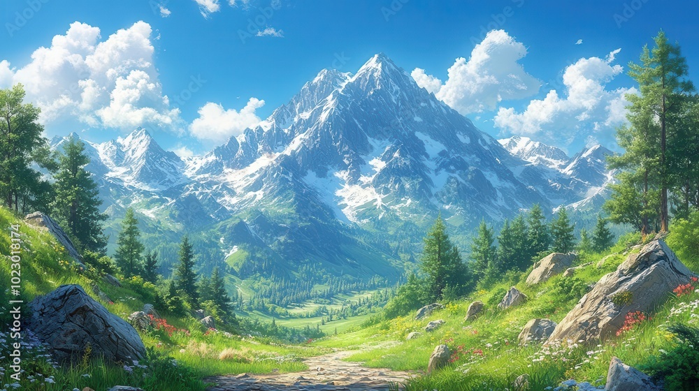 Fototapeta premium breathtaking summer mountain landscape with towering rocky peaks under a clear blue sky inviting adventure and exploration filled with lush greenery