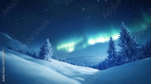 Enchanting Aurora Borealis Over Snowy Winter Landscape at Night