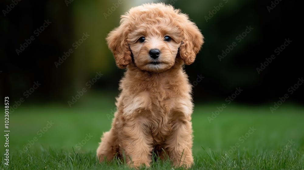Cute fluffy puppy with curly fur sitting on green grass with a blurred natural background Cute fluffy puppy with curly fur sitting on green grass with a blurred natural background