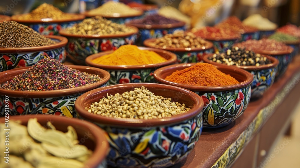 Fototapeta premium Assortment of Spices in Colorful Ceramic Bowls
