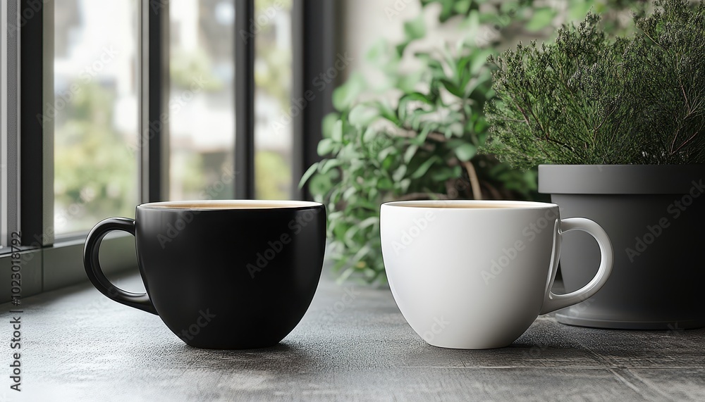 Elegant coffee cup mockup showcasing black and white designs in a stylish indoor setting Elegant coffee cup mockup showcasing black and white designs in a stylish indoor setting