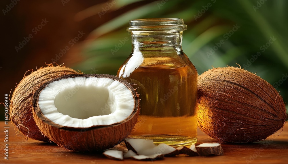 Coconut oil in a glass jar beside opened coconuts and coconut flakes on wooden surface Coconut oil in a glass jar beside opened coconuts and coconut flakes on wooden surface