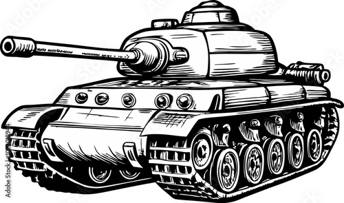 Vintage Military Tank Illustration in Hand Drawn Retro Style