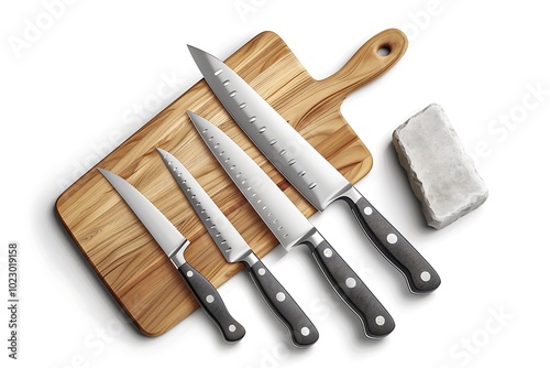 Kitchen knives on a wooden cutting board with a stone.