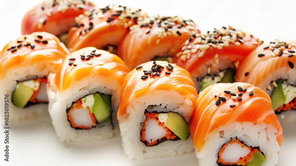 Sushi roll set. Mixed fresh sushi rolls, beautifully decorated. Japanese food. Asian cuisine. Fish menu Sushi roll set. Mixed fresh sushi rolls, beautifully decorated. Japanese food. Asian cuisine. Fish menu
