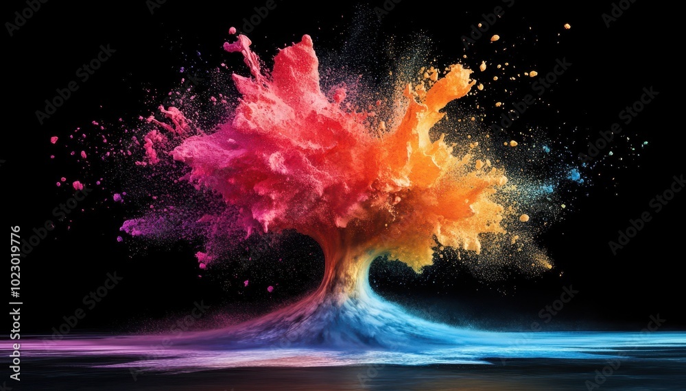 Vibrant paint splashes form dynamic patterns in a dark space at a generative AI art show Vibrant paint splashes form dynamic patterns in a dark space at a generative AI art show