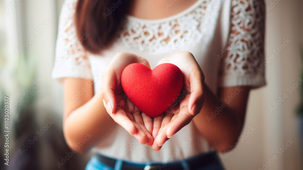 A woman holds a red heart in her hands - a symbol of love, care, compassion and health A woman holds a red heart in her hands - a symbol of love, care, compassion and health