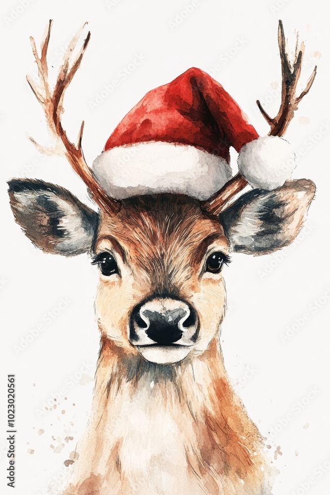 Hand drawn watercolor image of a cute deer wearing a santa hat. ai generated Hand drawn watercolor image of a cute deer wearing a santa hat. ai generated