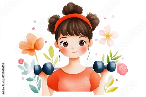 Cheerful girl holding dumbbells with flowers in a vibrant illustration. photo