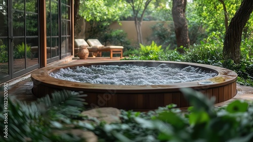 bubbling hot tub surrounded by greenery in a serene backyard setting creating a relaxing oasis for unwinding under soft evening light