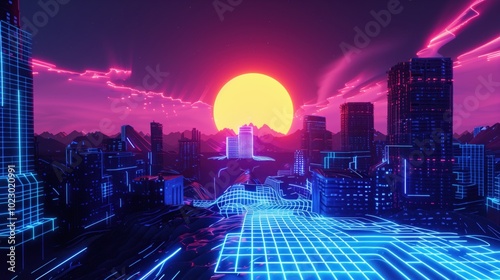 Retrowave. Sunset with palm trees. City in neon lights. Car. Car speed on the road in the night city. Retro wave neon lights noir tinting colors. Futuristic background	
