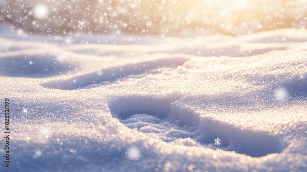 Human footprints in the snow in a snowdrift under sunlight close-up,Fresh footsteps, footprints, shoe prints or shoe marks in the shallow snow,glittering,sparkling in the winter sun,copy space.