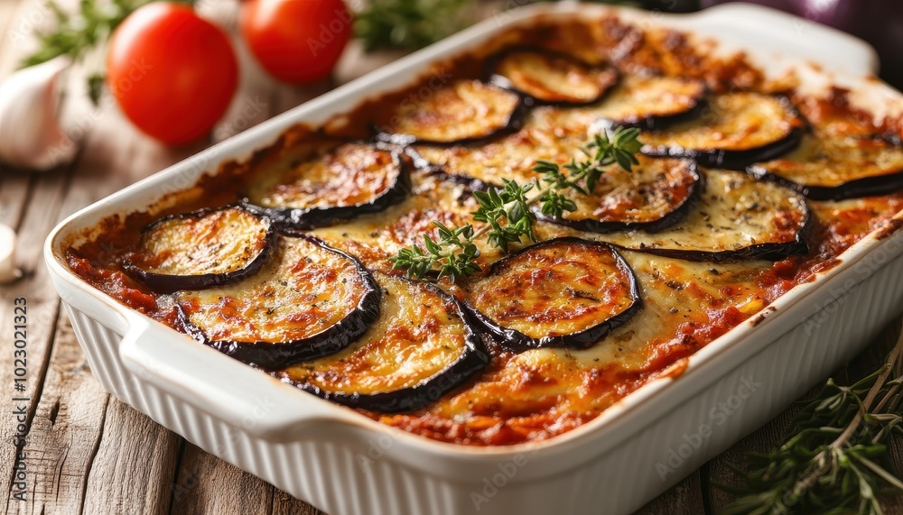 Tasty Greek Moussaka with layers of eggplant and meat, fresh from the cozy oven Tasty Greek Moussaka with layers of eggplant and meat, fresh from the cozy oven
