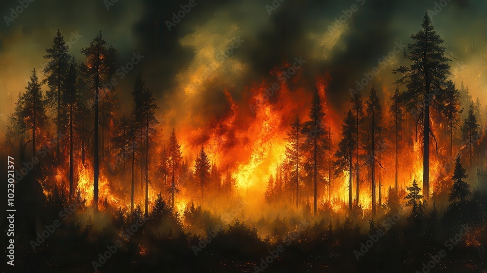 burning forest with flames engulfing trees thick smoke rising into a darkened sky a sense of destruction and urgency vibrant reds and oranges contrasting with the deep greens of the forest burning forest with flames engulfing trees thick smoke rising into a darkened sky a sense of destruction and urgency vibrant reds and oranges contrasting with the deep greens of the forest