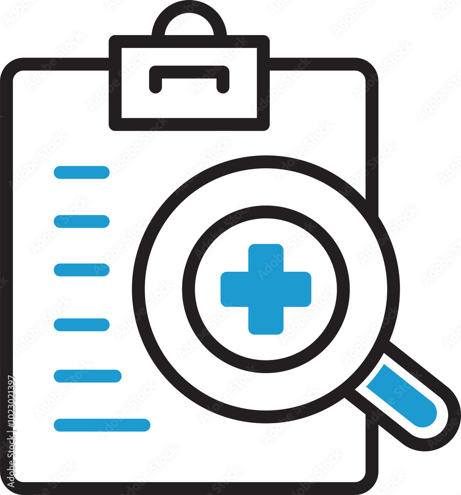 Medical Record Clipboard and Magnifier Icon
